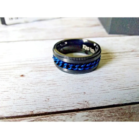 Size 7 Black & Blue Stainless Steel Spinner Ring 8mm NIB - Picture 4 of 5